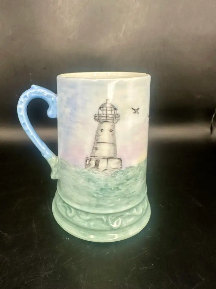 Lighthouse Mug Nautical Sailboats Coffee  Cup Beer Stein Vintage Hand Painted Signed