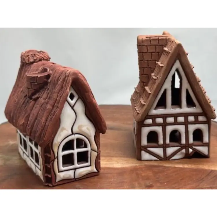 Lithuanian Clay Pottery 2 Houses Tea Fairy Light Cottage Folk Art