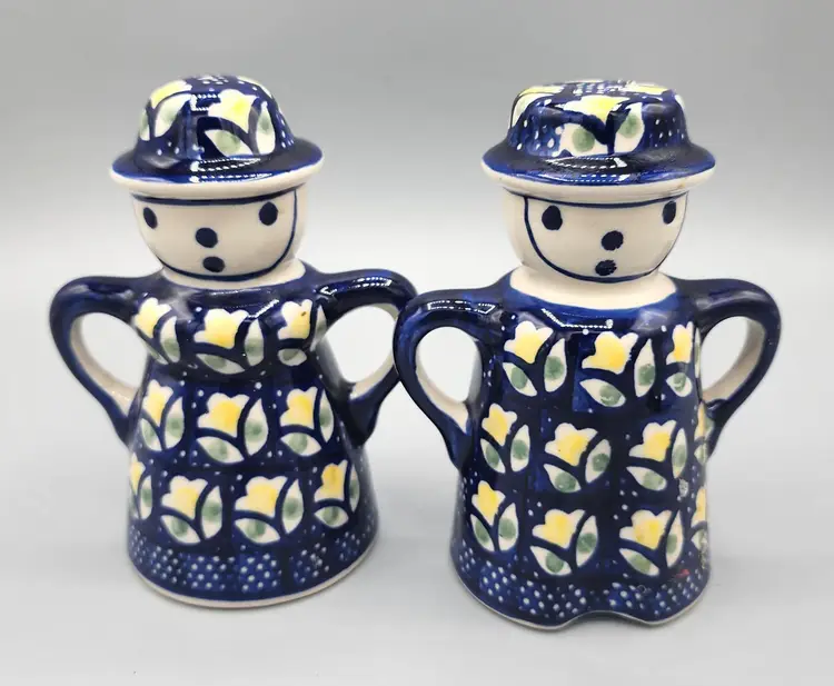 Handmade Polish Pottery Blue & Yellow Man & Woman Ceramic Salt & Pepper Shakers