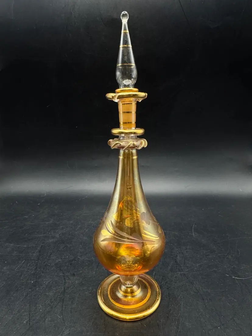 Vintage Egyptian Hand-blown Glass Perfume Bottle Iridescent Gold 8.25”