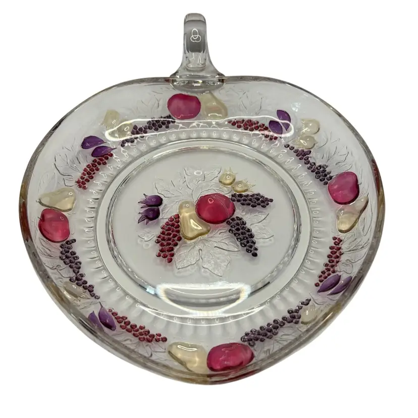 Vintage West Moreland Della Robbia Heart Shaped Glass Bowl With Embossed Fruit Pattern 9x 1 1/2 Flashed Some Wear