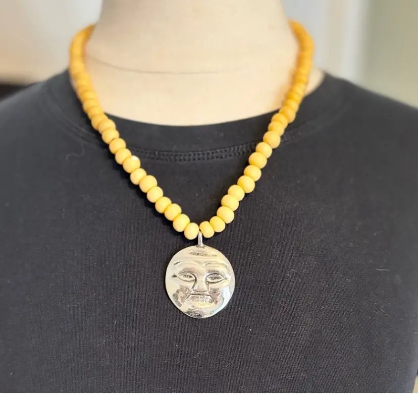 Yellow Jasper beaded necklace with silver face