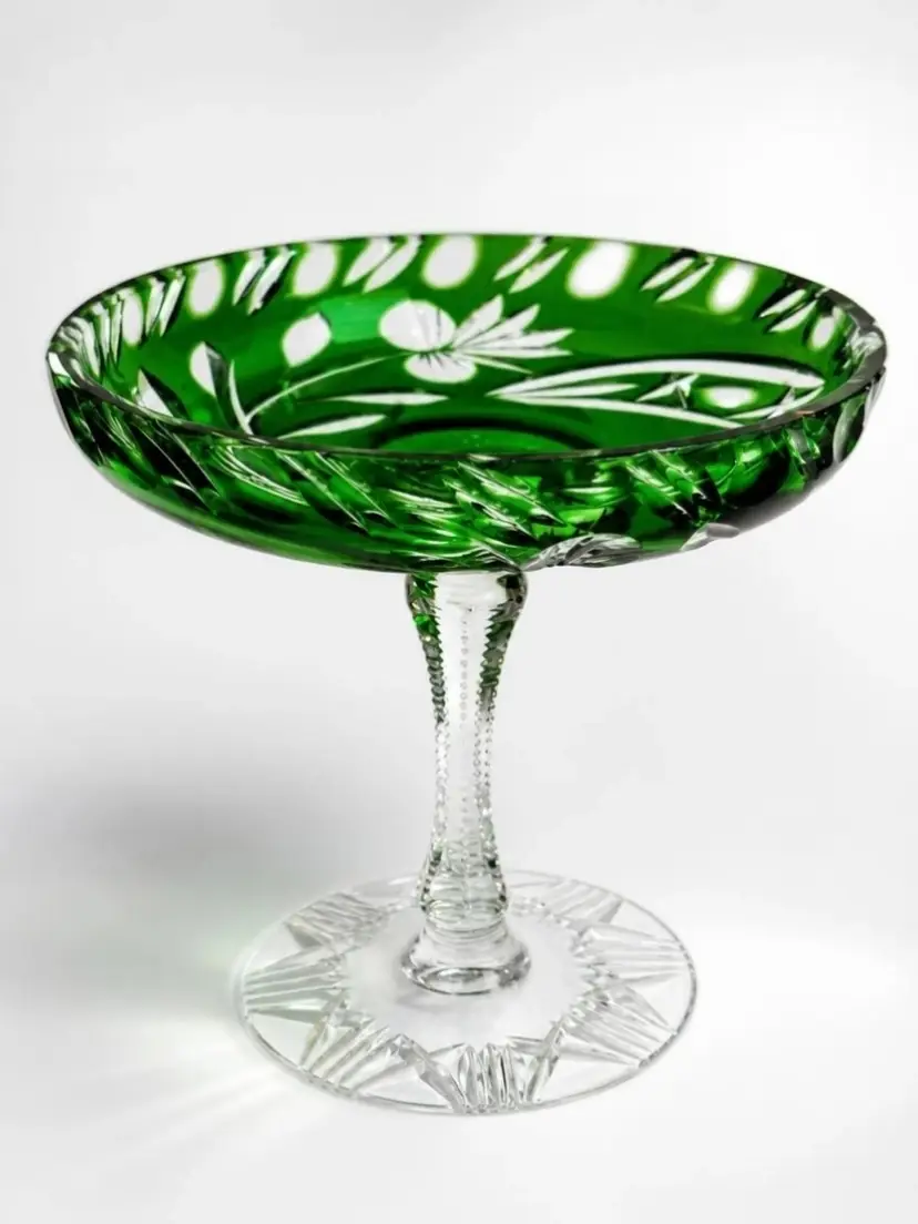 Vintage Bohemian Emerald Green Cut to Clear Crystal Pedestal Compote Bowl 6"