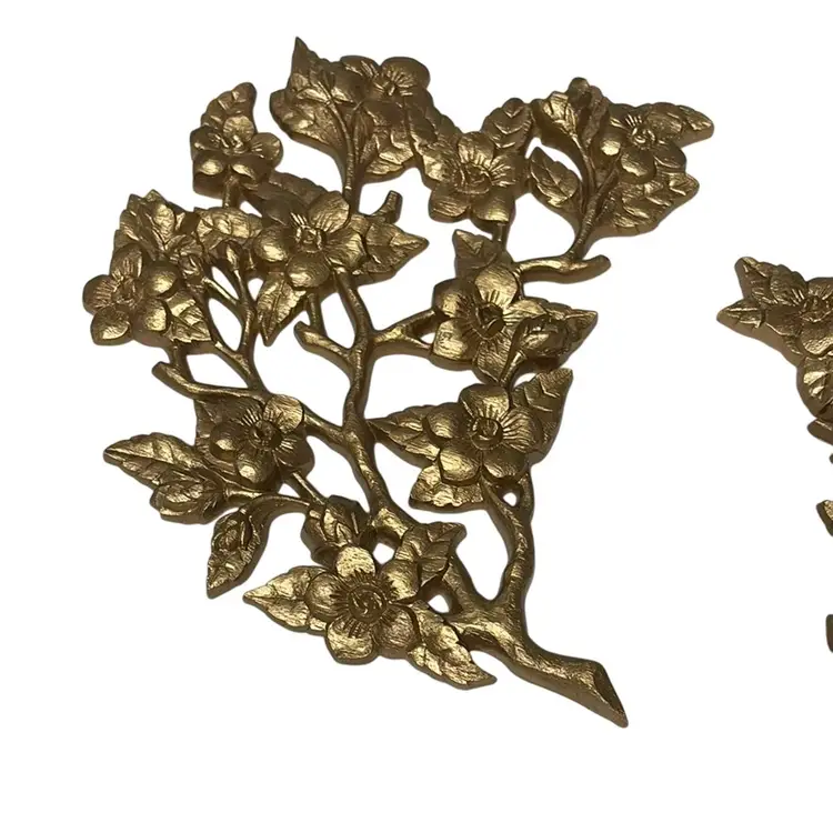 Vtg Set Of 2 Burwood Gold Tone Floral Dogwood Tree Blossom Branch Wall Hanging Decor Art