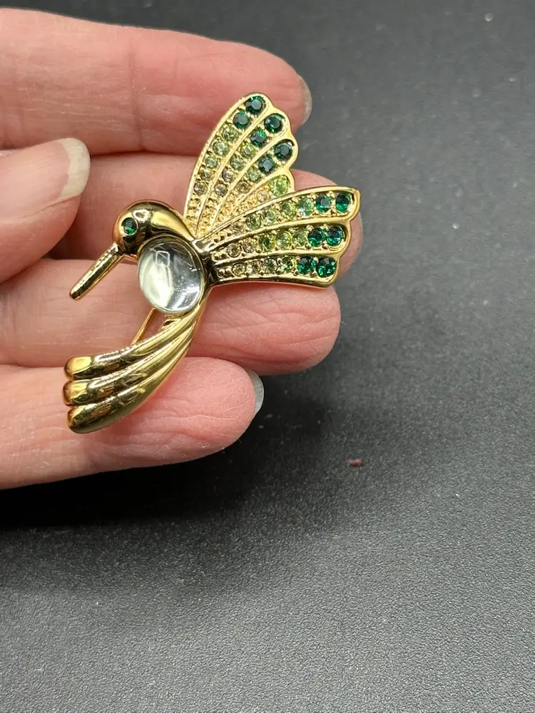 Vintage Monet Green Shades Rhinestone Hummingbird Bird Brooch Pin 2”