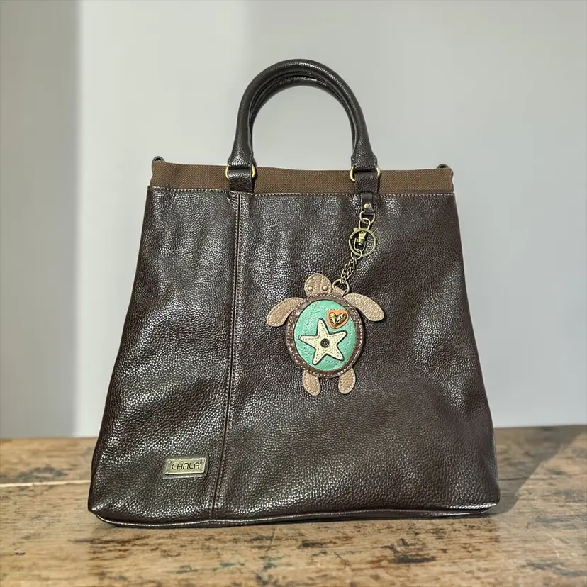 Chala Faux Leather Large Tote Bag W/ Turtle Keychain/Coin Purse & Shoulder Strap  14" X 14" X 4"