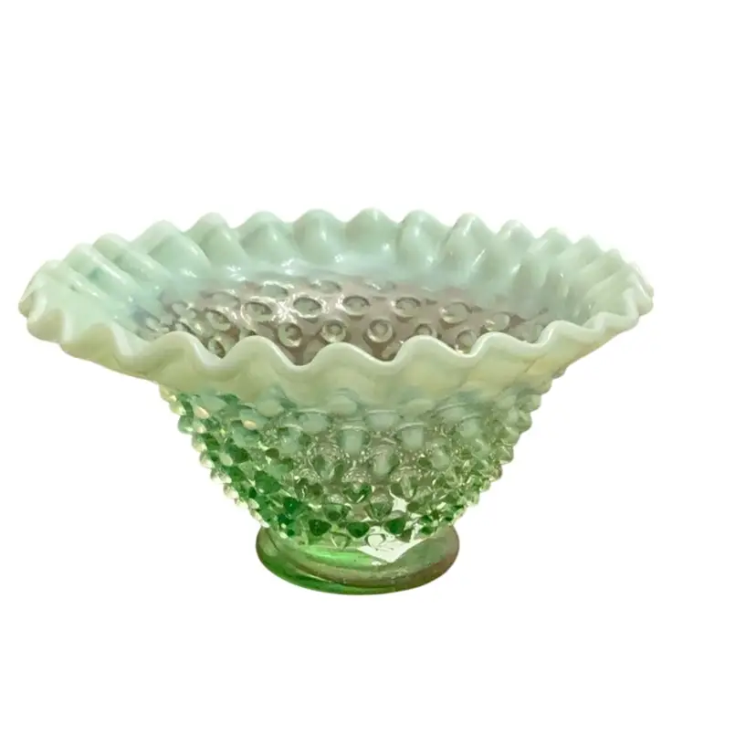 Fenton Green Opalescent Hobnail Bowl 3 1/2” X 7” - Glows!