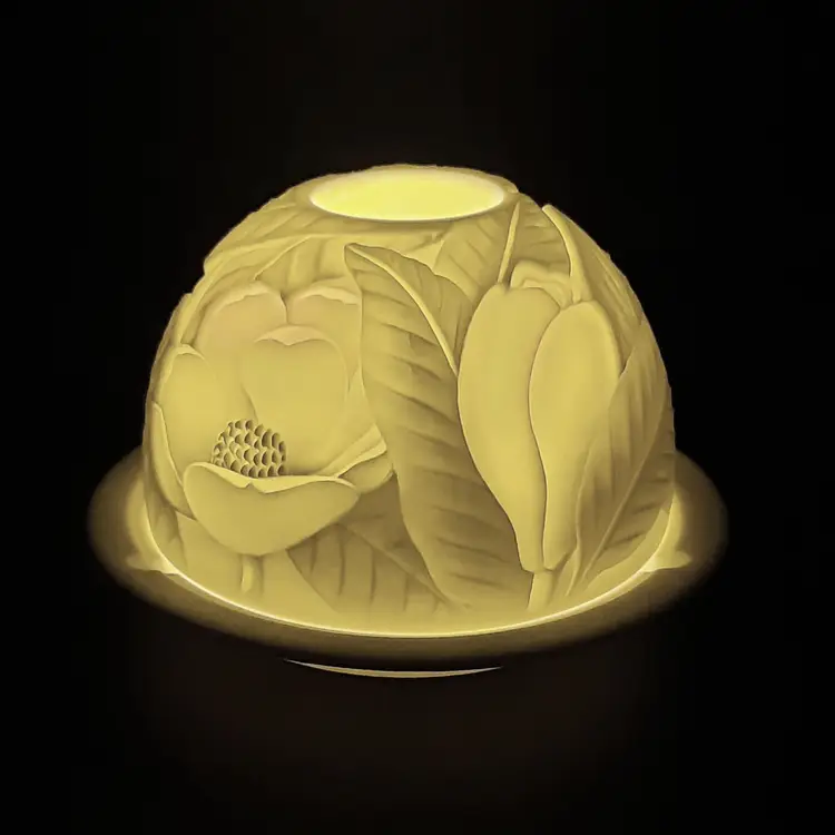 Bernardaud France Magnolia Blossoms Lithophane Bisque Porcelain Fairy Lamp Light Votive Tealight Candle Holder