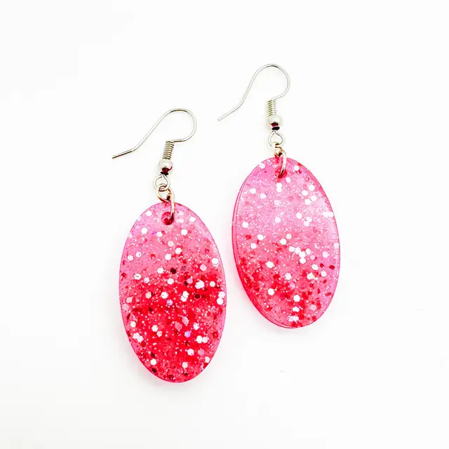 Hot Pink Glitter Resin Earrings Large Oval Dangle