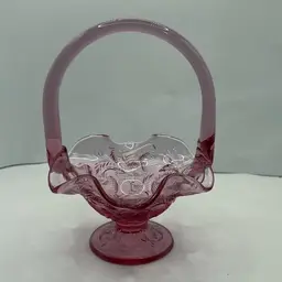 Fenton Strawberry Pedestal Compote With Handle 6.5” Tall With Handle