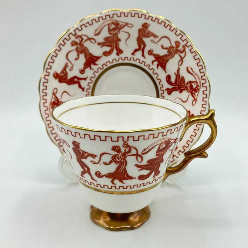 Vintage Taylor & Kent Bone China Tea Cup & Saucer Greek Figures Red Gold England