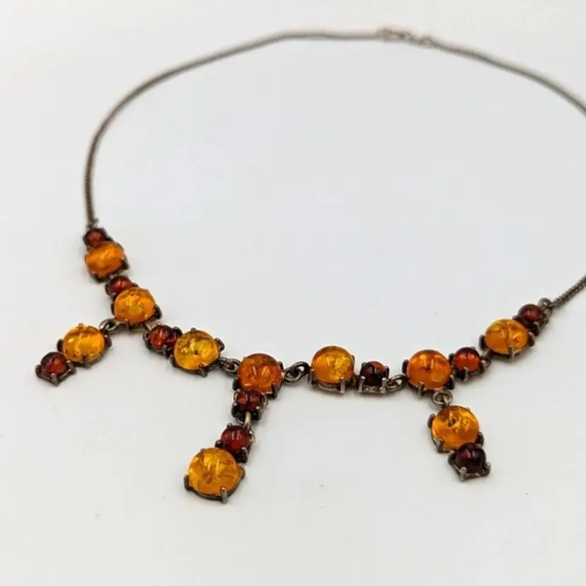 Beautiful Elegant Two tone BALTIC Amber Sterling Silver Dangles Necklace 16" long