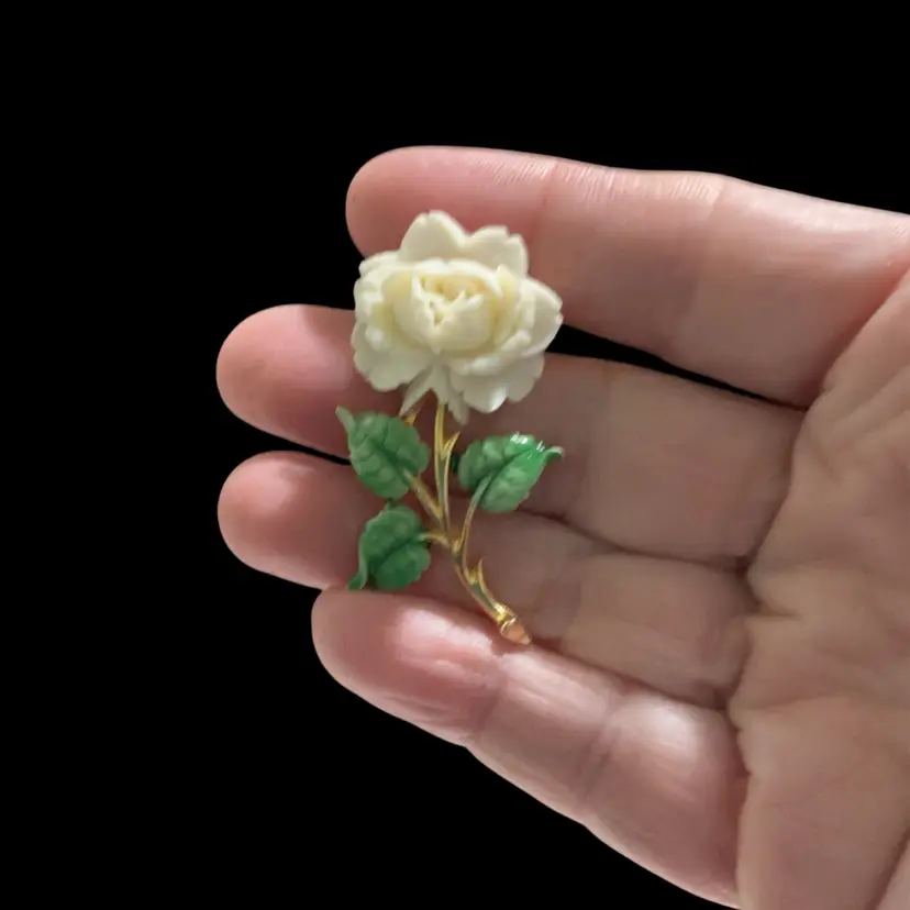 Vintage Goldtone JJ Flower Brooch. With Molded & Deeply Carved Celluloid White Rose. With Green Enamel Leaves.