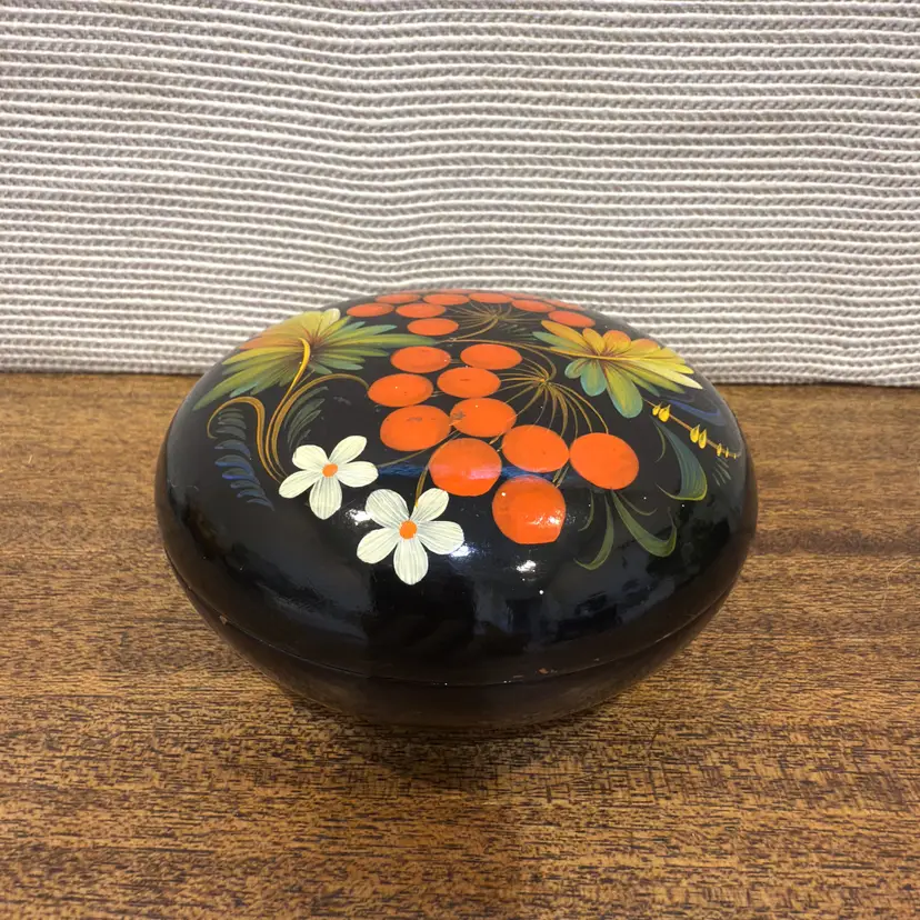Hand Painted Wood Ukrainian Lacquer Box: Signed 5” Floral with Red Interior Trinket Case (0094-25)