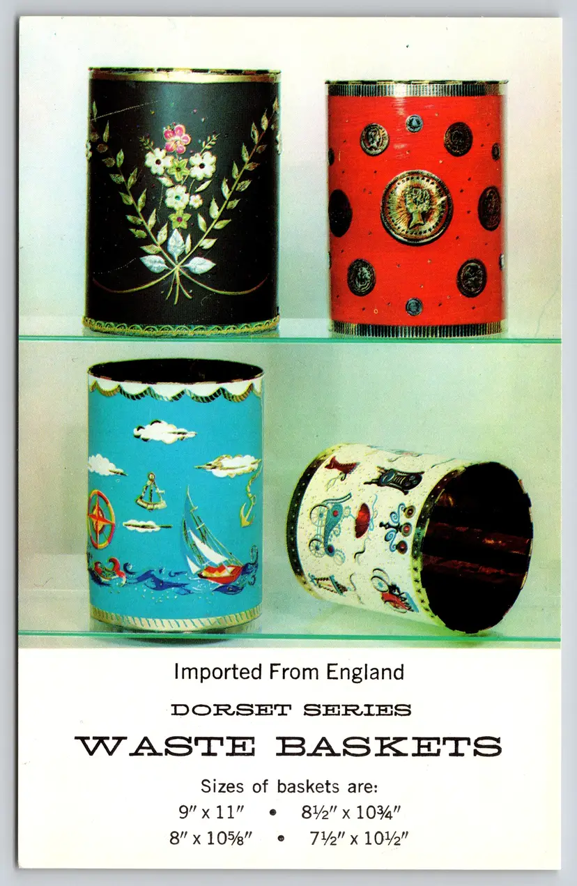 Postcard Dorset Series Waste Baskets Advertising Imported from England  -  11618