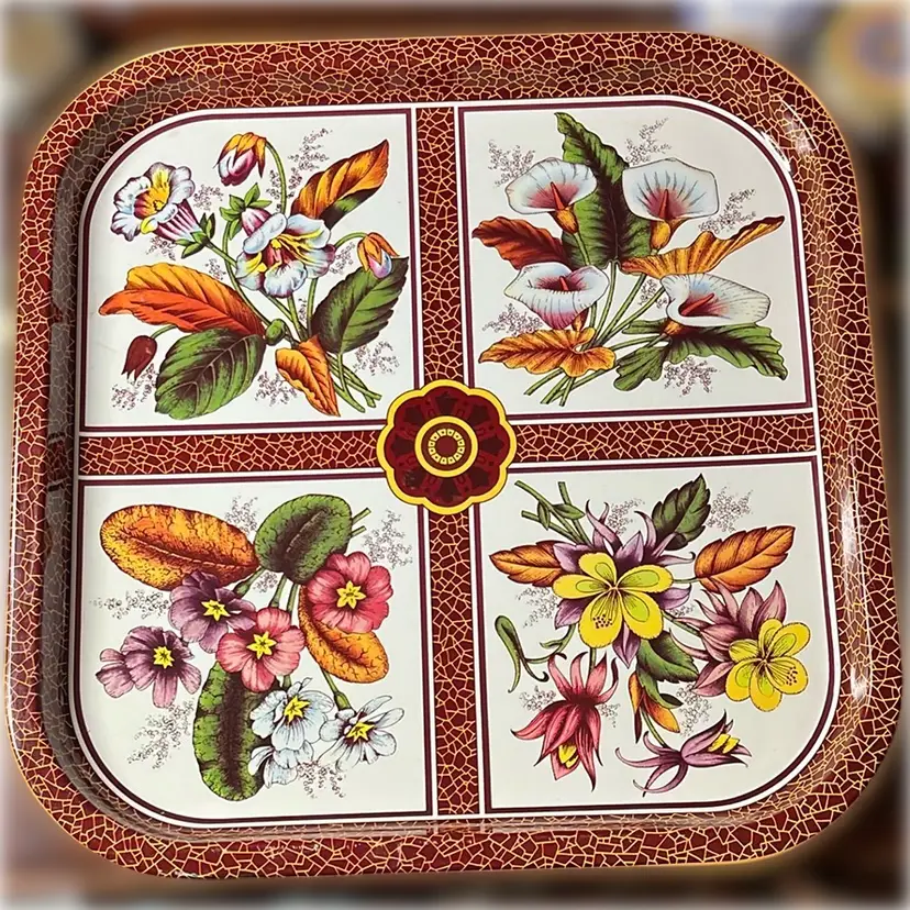 13.5” Vintage Square Daher Decorated Ware Tray Flowers