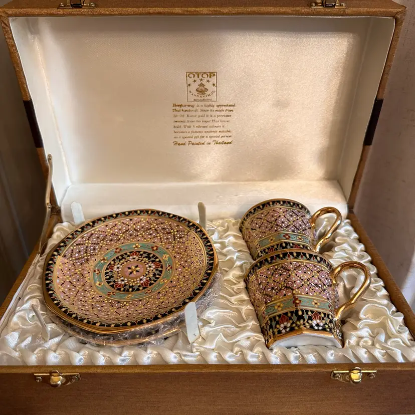 B - Thai Hand-Painted Benjarong Demitasse Set in Presentation Case