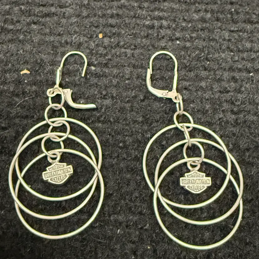 Vintage Sterling 925 Harley Davidson Motorcycle Biker Circle Dangle Earrings