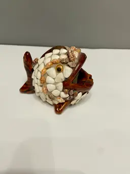 FOLK ART Wide Mouthed Shell Covered Whale Fish Ceramic Ashtray Boho Hippie Artsy