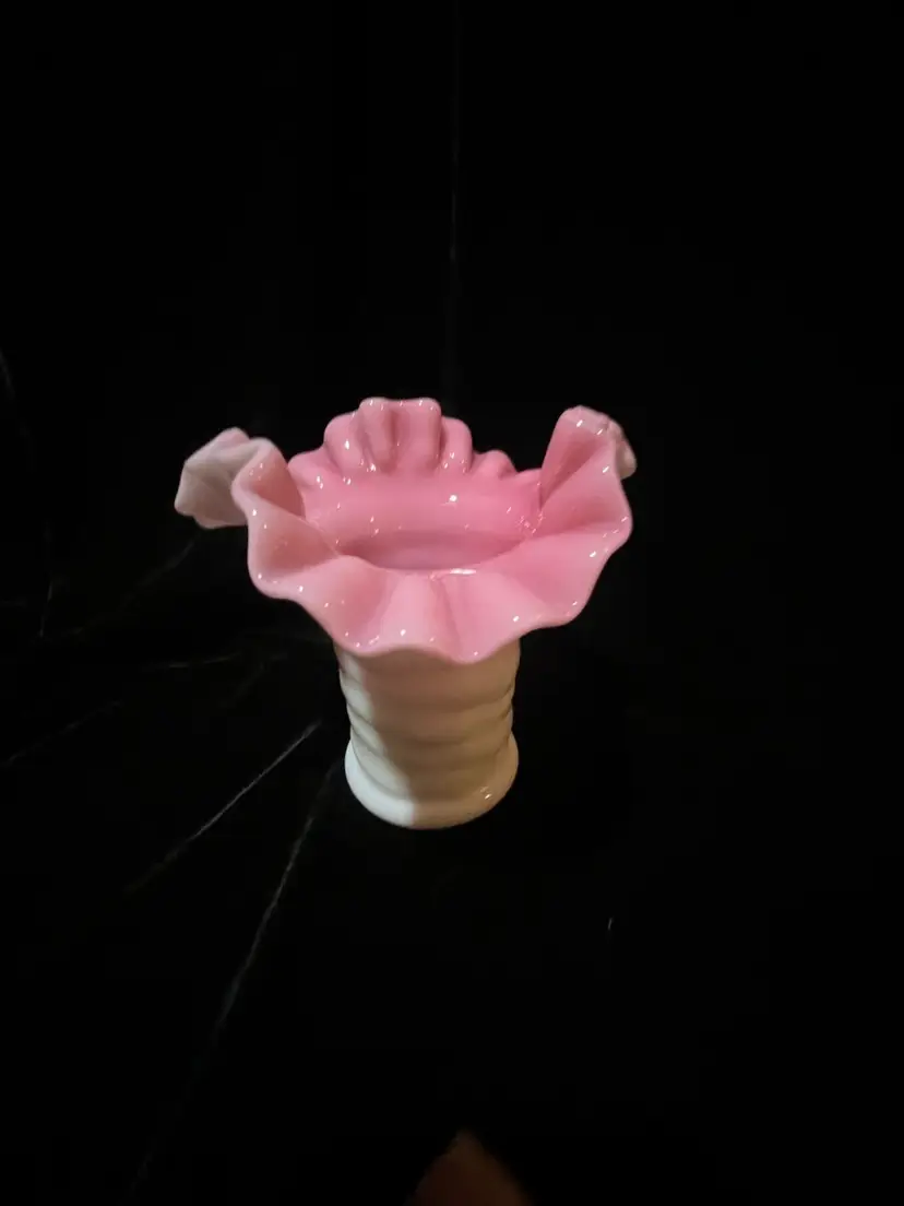 #3257 - Fenton Pink Overlay Ruffled Vase Approx 5.5x5”