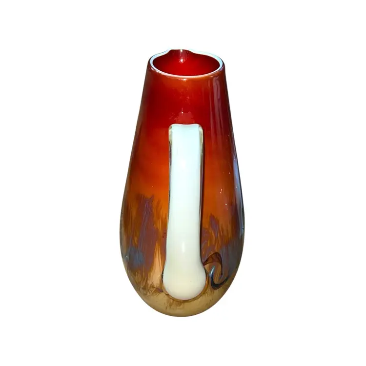 RARE Signed Nourot Art Glass Pitcher – Michael Nourot – Fiery Sunset Swirl – 10” Tall – Stunning Collector’s Piece