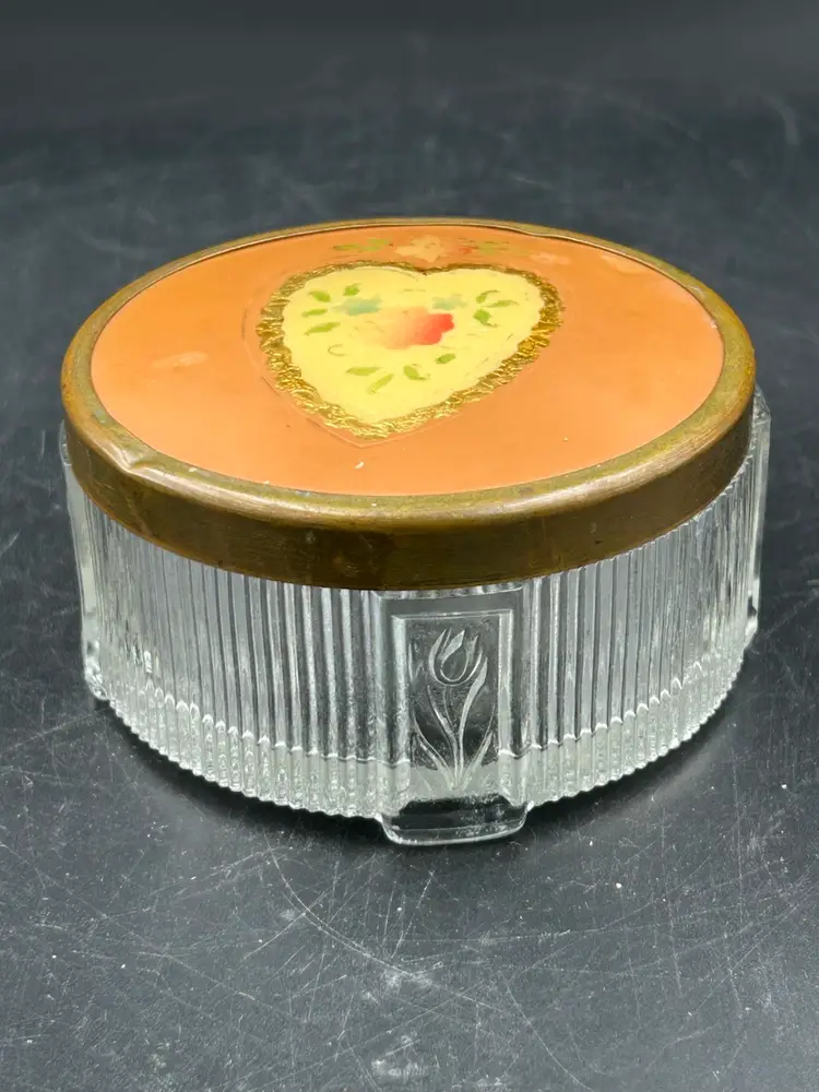Vintage Ribbed, Glass, Vanity Powder, Jar, Trinket Box, Metal Lid, Heart, And Floral Design