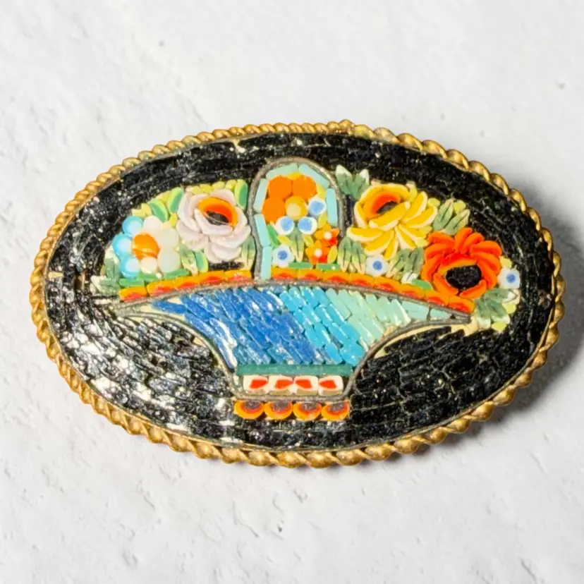 Rare Vintage Italian Micro Mosaic Brooch Floral Basket Brass Italy 2” Large