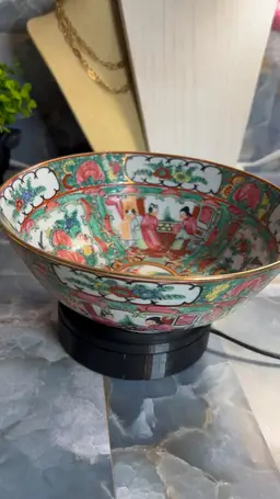 Vintage Rose Medallion -Style Bowl | Hand Painted In Hong Kong| c. 1950s-1970s
