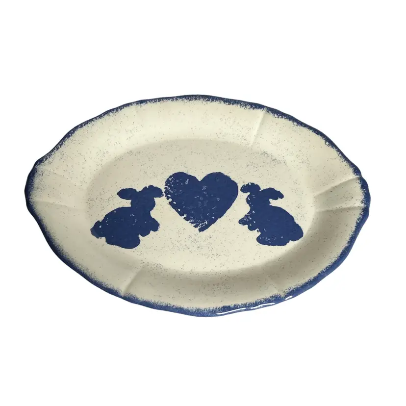 Large Handmade Bunny and Heart Blue & White Ceramic Platter