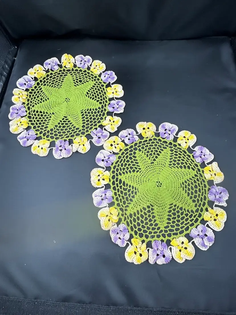 Two Vintage Green, Yellow, Purple And White Pansy Handmade crocheted Doilies