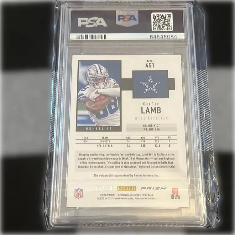 2020 Chronicles CeeDee Lamb RC AUTO /10 SSP Score Update Rookie Signatures First Down Rookie Autograph PSA 9 Graded MINT #451