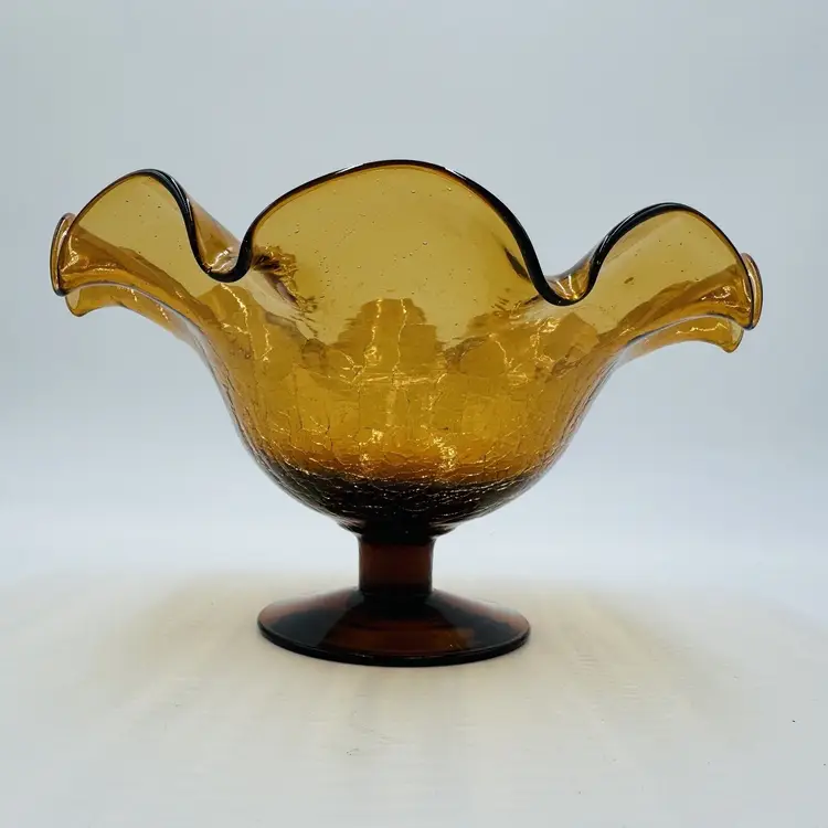 Blenko Art Glass Amberina Footed Vase Ruffled Crackled Compote 5.5in H x 9inW