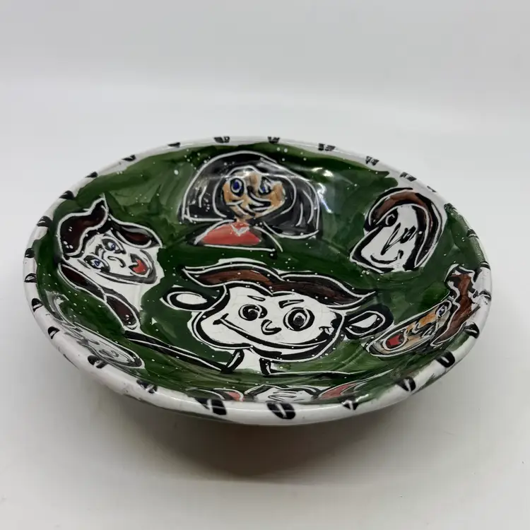 Vintage Ceramic Pottery Decorative Bowl Fired Red Clay Green Spatter Glaze Background W/ Cartoon Faces All Over Design READ