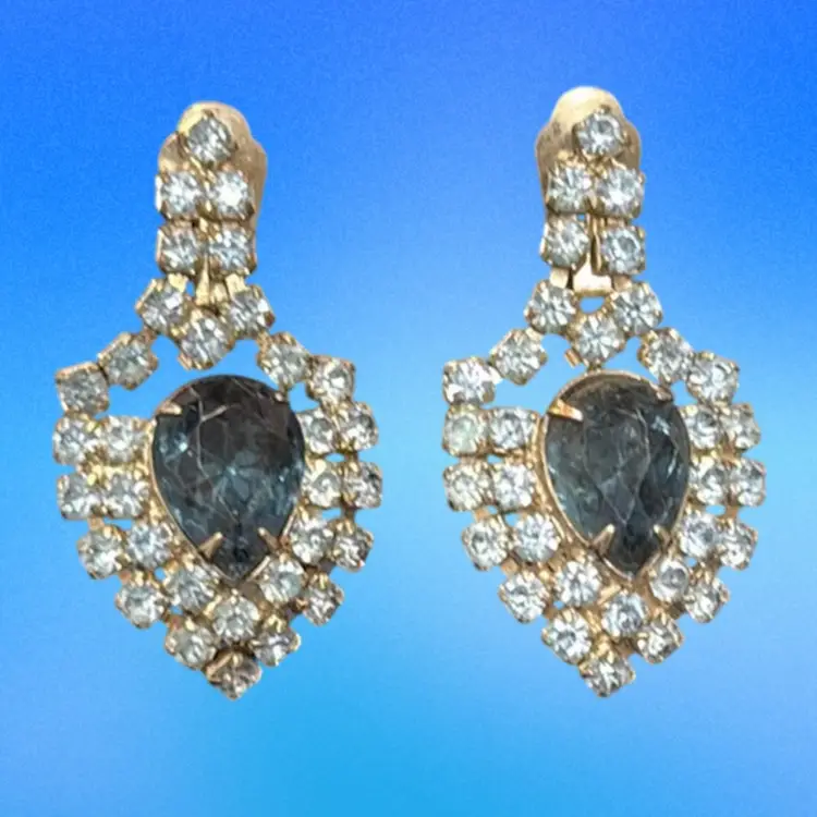 Stunning Vintage MCM Runway Bi Color Blue Prong Set Rhinestone SilverTone Dangle Earrings 2”