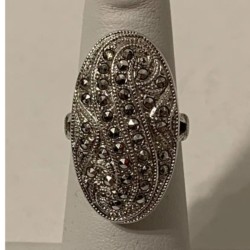 Art Deco Theda Sterling Marcasite Oval Cocktail Ring - Sz 4.5