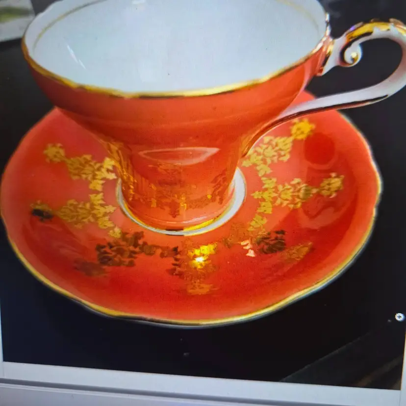vintage Aynsley orange teacup and saucer gold fern bone beautiful