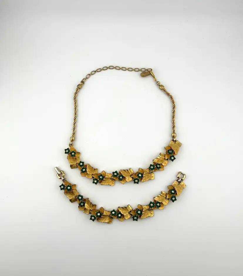 Vintage Pennino Gold Tone Ivy Leaf and Green Rhinestone Necklace and Bracelet Set