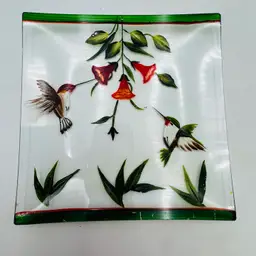 Hand Painted Glass Plate w Hummingbird & Trumpet Vine Red Flowers Hummingbirds
