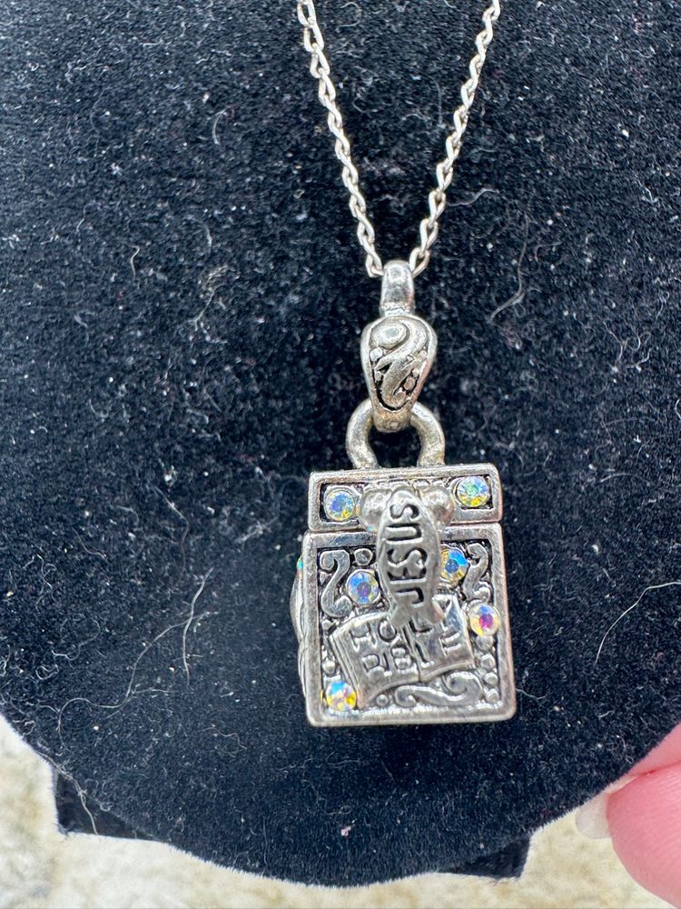 Vintage Silver Tone Prayer Box Pendant With AB Rhinestones  Necklace 18”