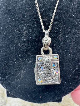 Vintage Silver Tone Prayer Box Pendant With AB Rhinestones  Necklace 18”