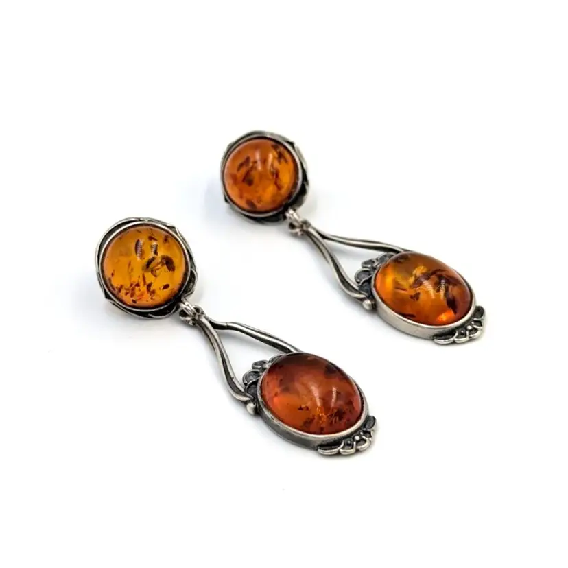 Baltic Amber Sterling Silver Earrings 925 Vintage Art Nuovo Style Big Cabochons
