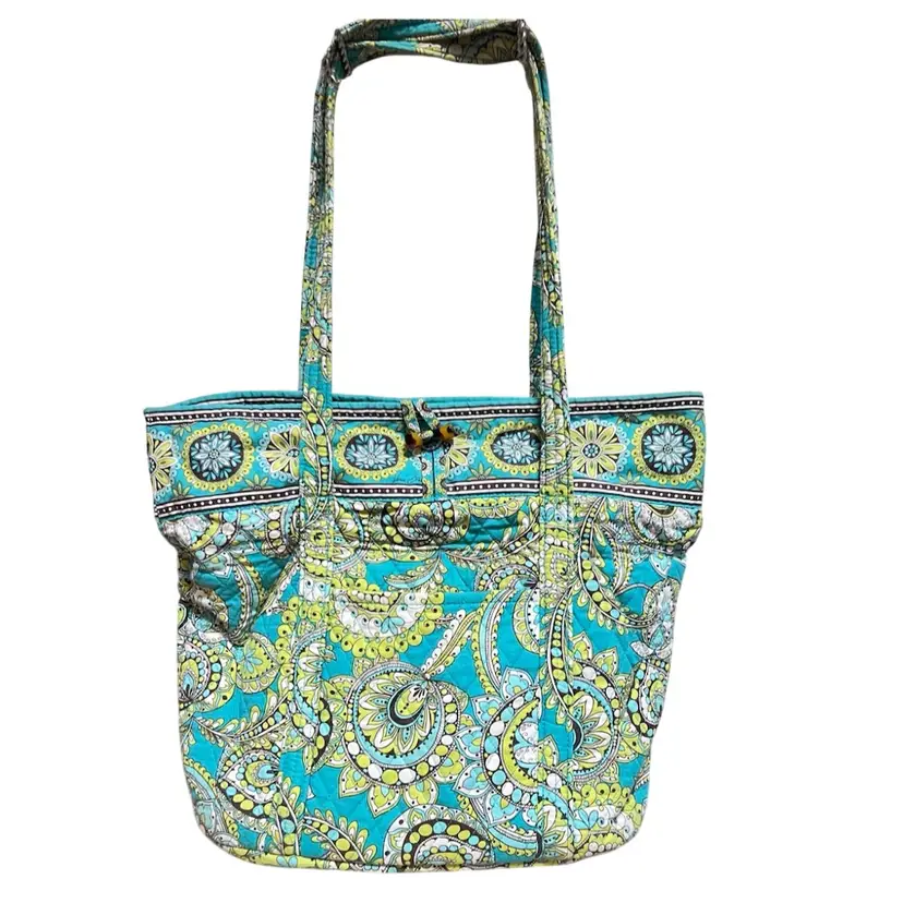 Vera Bradley Turquoise Blue, Baby Blue, & Lime Green Beach Bag, Tote Bag, Shoulder Bag. Brown “Tortoise Shell” Plastic Toggle. 18" x 14" w/o Shoulder Strap x 7". Hangs 26” w/ strap