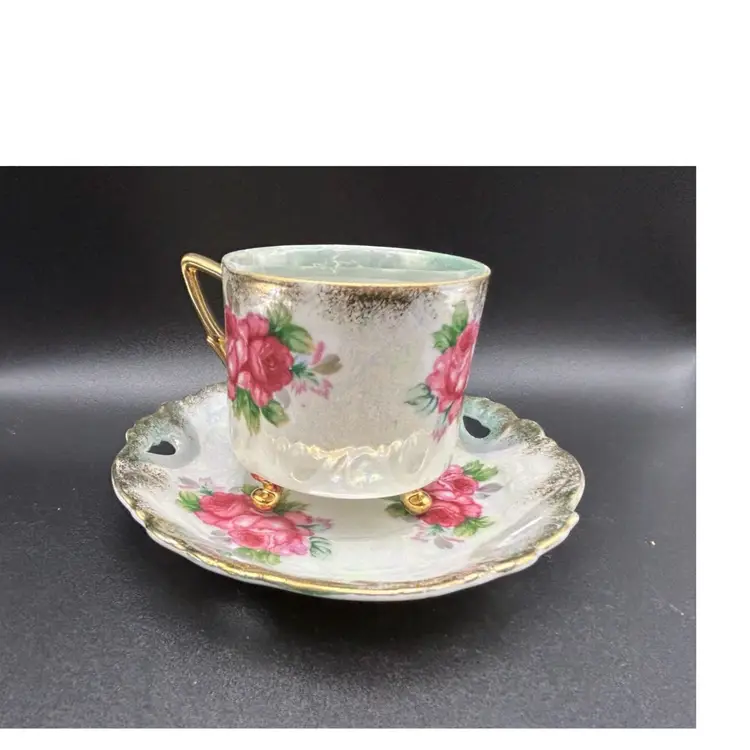 Japanese Lusterware Three Footed Teacup and Saucer Pink Rose Gold Trim Vintage