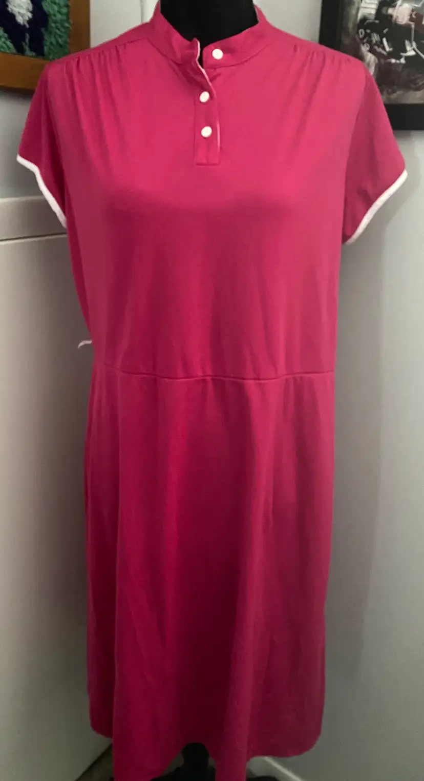 Vintage Marchionda Pink with White T-Shirt Style Polyester Short Sleeve Dress Large