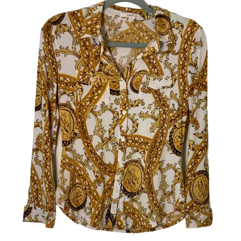 03   Vintage 24” Groovy Fitted Timing Brand Button Down Blouse In Stretchy Double Knit Silky Gold Coin & Chain Print On Cream Size  Medium 34” Across The Breast Plate In Creamy White Color Made In Vietnam