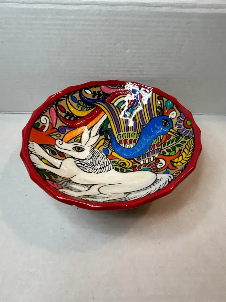 Vibrant Colorful Hand Painted Talavera Pottery 3 Foot Bowl With Glitter Accents