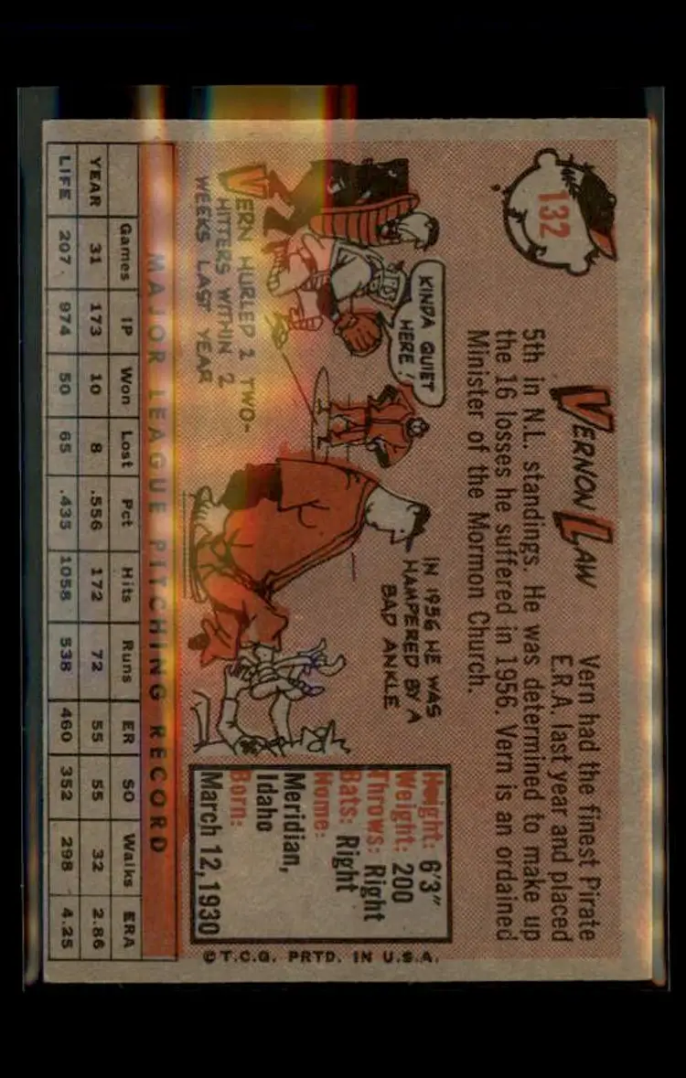 1958 Topps #132 Vernon Law - (pk4) - Pittsburgh Pirates