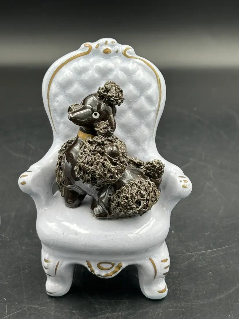 Vintage Black Spaghetti, Poodle On Light Blue And Gold Chair Figurine