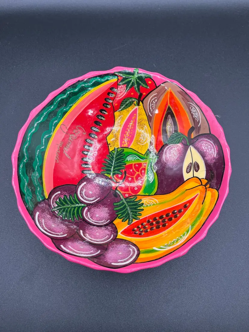 Vibrant Mexican Folk Art Pottery Multicolor Fruit Footed Bowl 8”🍇 🥭 🍍