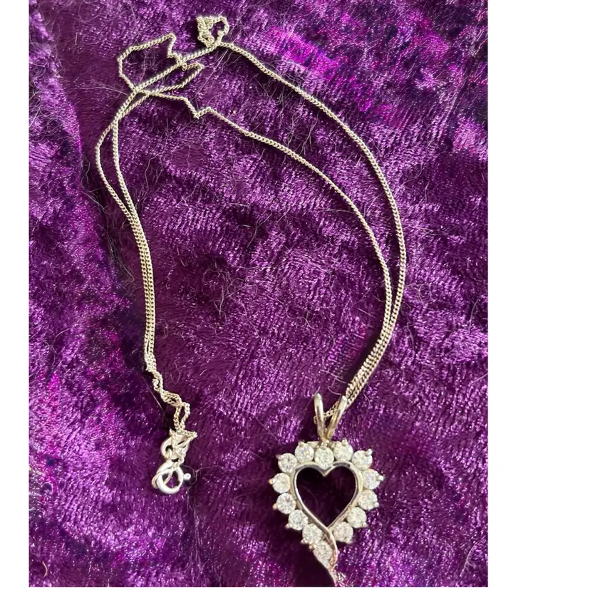 Vintage Sterling Silver CZ Heart Pendant Signed NF 1”x .75” on a 16” Sterling Box Chain Necklace - Tested 2x Each